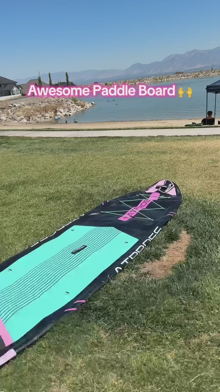Load and play video in Gallery viewer, 11’6’’ × 35’’ Black, Pink &amp; Green Inflatable SUP 11' AT-PB-04 Basic Paddle Board | Atpross SUP
